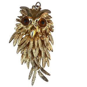 Vintage Gold-Tone Articulated Owl Pendant With Amber Colored Eyes 3.25 Inches No